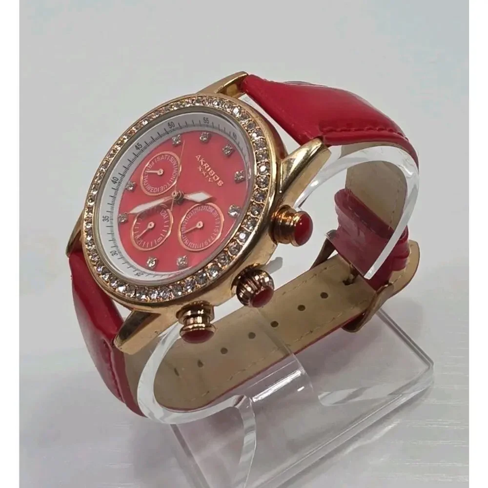 Women's Akribos XXIV AK556RD Quartz Crystal Bezel Watch Red Band New Battery 270
